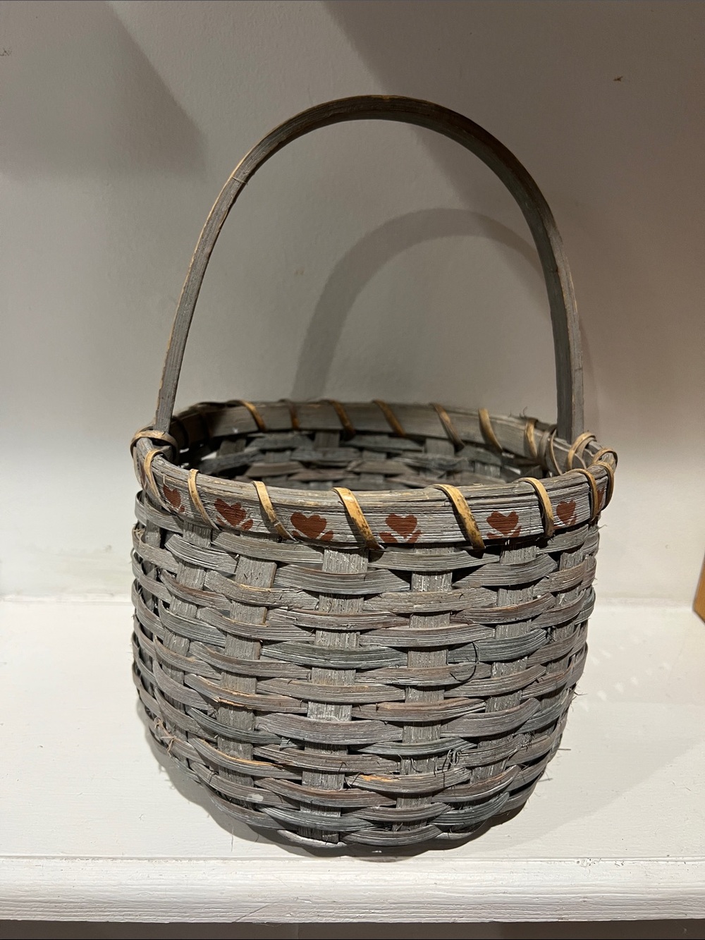 Vintage Light Blue/Gray Wicker Basket with Hearts